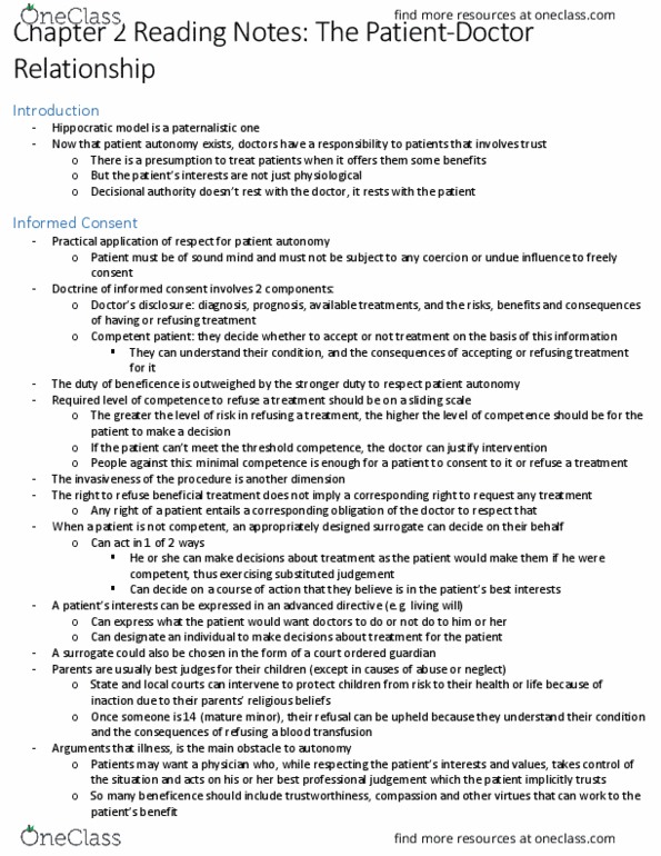 Health Sciences 2610F/G Chapter Notes - Chapter 2: Consequentialism, Blood Transfusion, Paternalism thumbnail