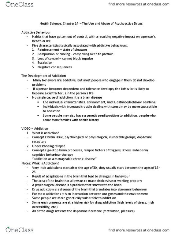 Health Sciences 1001A/B Chapter Notes - Chapter 14: Addiction, Public Health, Cognitive Behavioral Therapy thumbnail