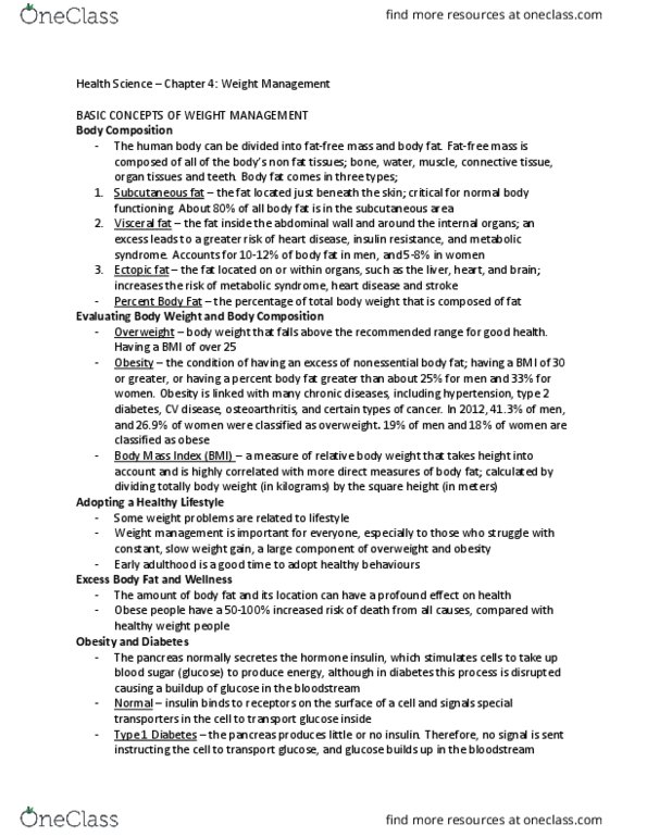 Health Sciences 1001A/B Chapter Notes - Chapter 4: Adipocyte, Blood Sugar, Binge Eating thumbnail