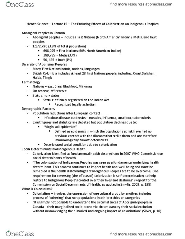 Health Sciences 1002A/B Lecture Notes - Lecture 15: Cultural Genocide, Indian Act, Canadian Indian Residential School System thumbnail