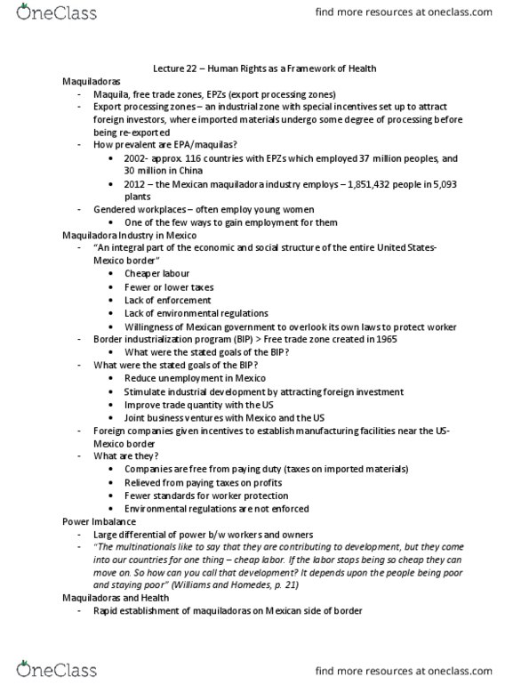 Health Sciences 1002A/B Lecture Notes - Lecture 22: List Of Bluetooth Profiles, Free-Trade Zone, Maquiladora thumbnail