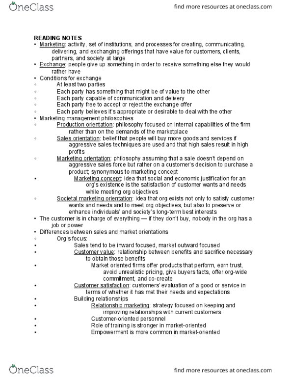 MKTG 3000 Lecture Notes - Lecture 1: Marketing, Customer Satisfaction, Disposable And Discretionary Income thumbnail