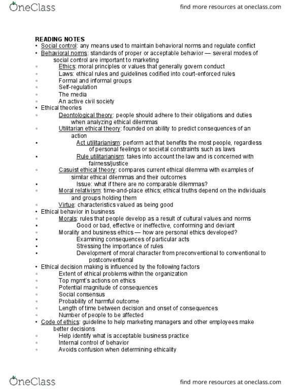 MKTG 3000 Lecture Notes - Lecture 3: United Nations Global Compact, Corporate Social Responsibility, Rule Utilitarianism thumbnail