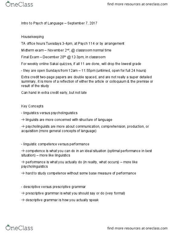 01:830:351 Lecture Notes - Lecture 1: Linguistic Prescription, Psycholinguistics, Fast Mapping thumbnail