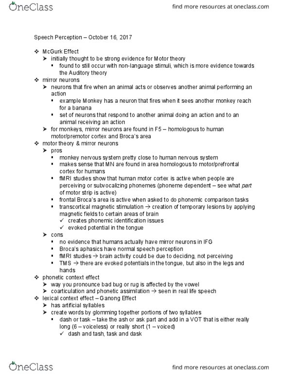 01:830:351 Lecture Notes - Lecture 8: Mcgurk Effect, Speech Perception, Mirror Neuron thumbnail