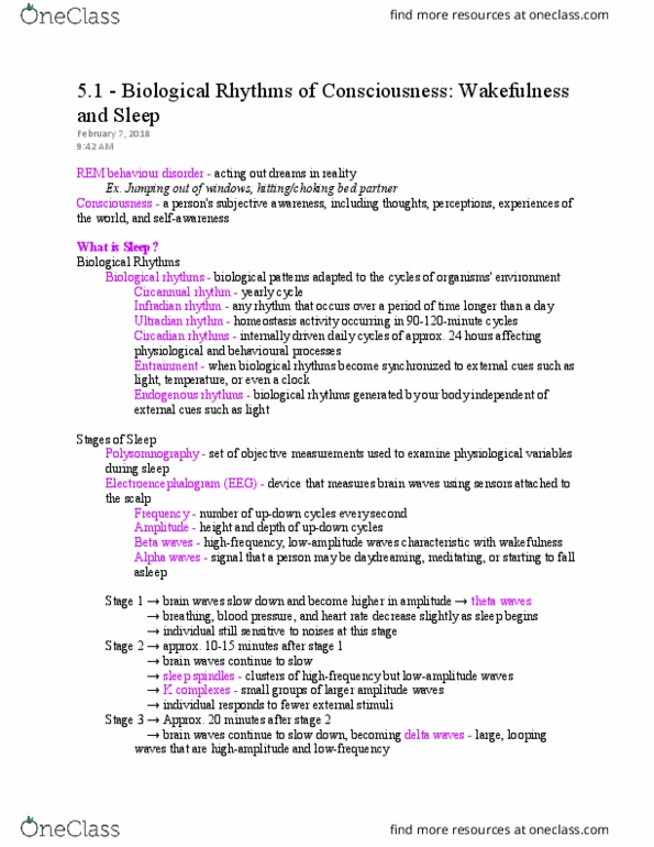 PSYCH101 Chapter Notes - Chapter 5.1: Ultradian Rhythm, Circadian Rhythm, Sleep Spindle thumbnail