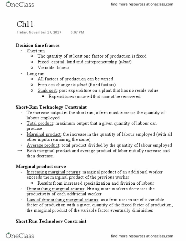 ECON 1000 Chapter Notes - Chapter 11: Average Variable Cost, Diminishing Returns, Marginal Product thumbnail