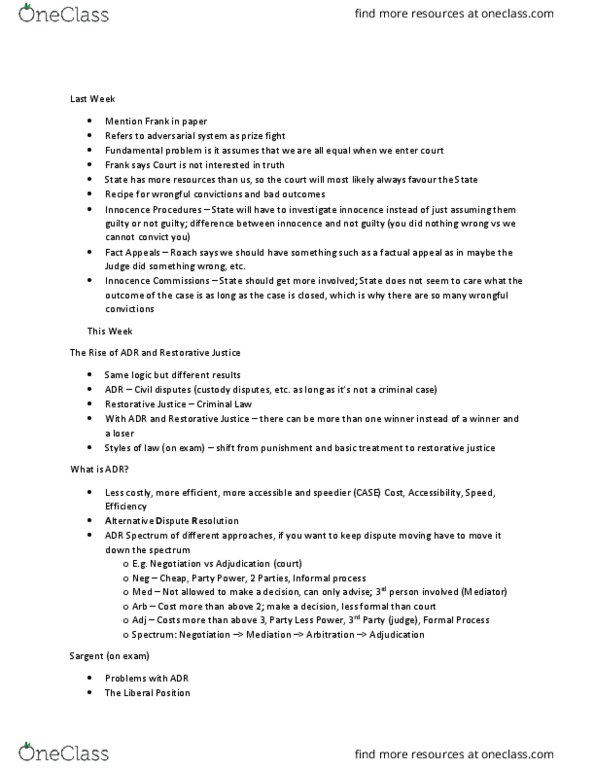 LAWS 1000 Lecture Notes - Lecture 11: Restorative Justice, Alternative Dispute Resolution, Heavens Fall thumbnail