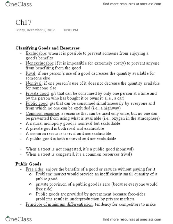 ECON 1000 Chapter Notes - Chapter 17: Public Good, Rational Ignorance, Private Good thumbnail