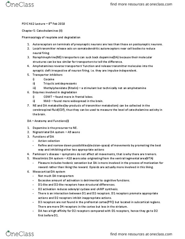 PSYC 462 Lecture Notes - Lecture 10: Adenylyl Cyclase, Tricyclic Antidepressant, Autoreceptor thumbnail