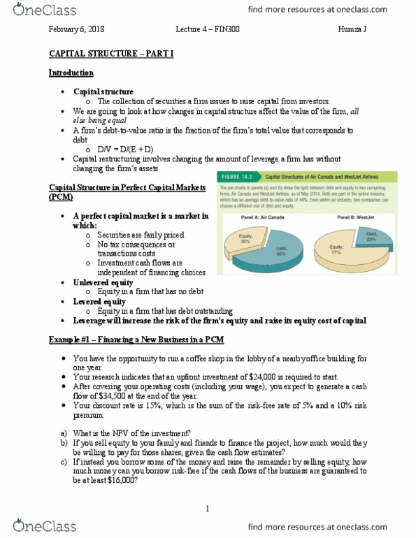 FIN 401 Lecture Notes - Lecture 4: Cash Flow, Capital Structure, Risk Premium thumbnail