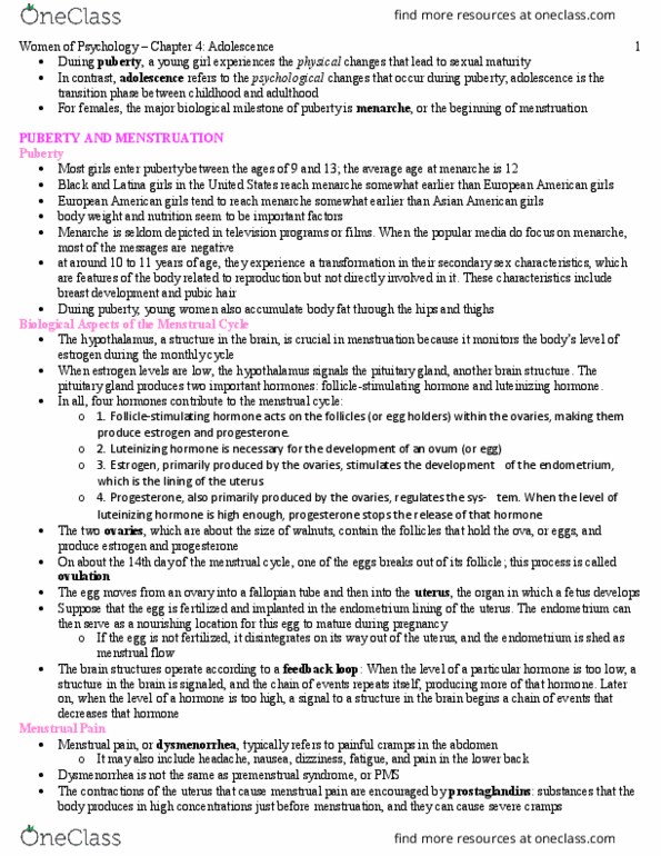 PSYC 3480 Chapter Notes - Chapter 4: Premenstrual Syndrome, Luteinizing Hormone, Menarche thumbnail