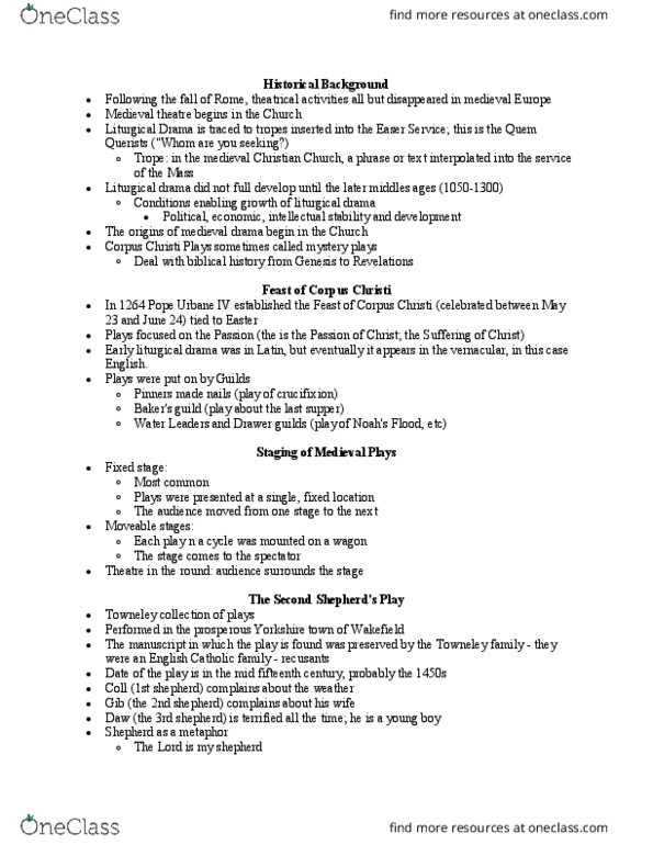 EN 2633 Lecture Notes - Lecture 6: Liturgical Drama, Medieval Theatre, Recusancy thumbnail