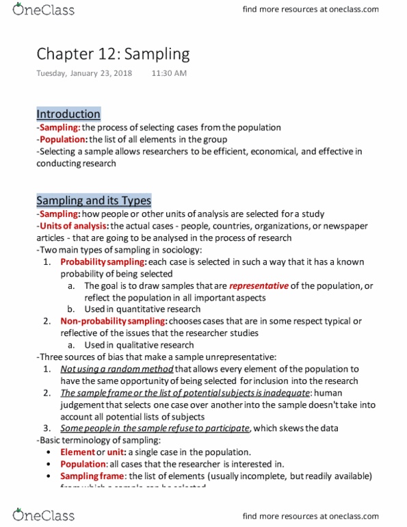 SOCPSY 2K03 Chapter Notes - Chapter 12: Nonprobability Sampling, Sampling Frame, Sampling Error thumbnail