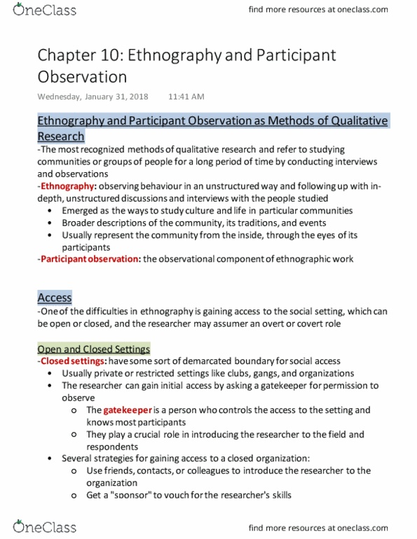 SOCPSY 2K03 Chapter Notes - Chapter 10: Participant Observation, Ethnography, Critical Ethnography thumbnail