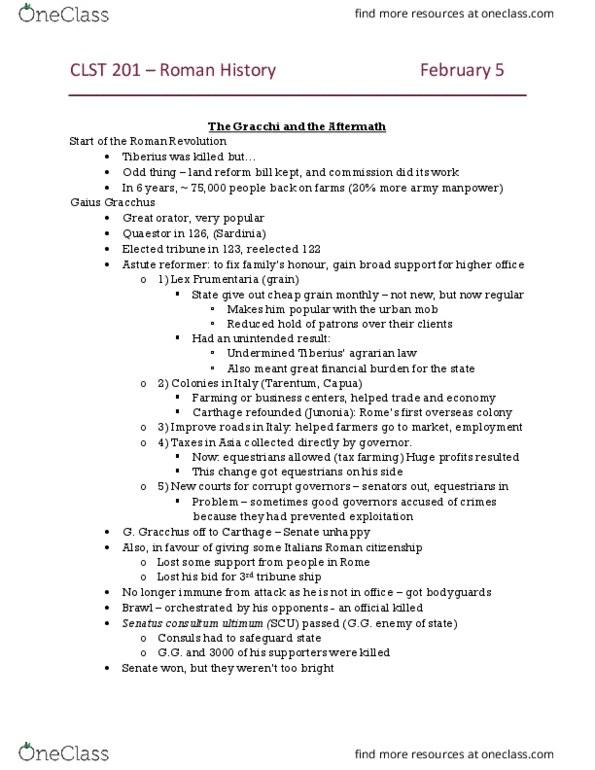 CLST 201 Lecture 9: CLST 201 – Roman History February 5 thumbnail