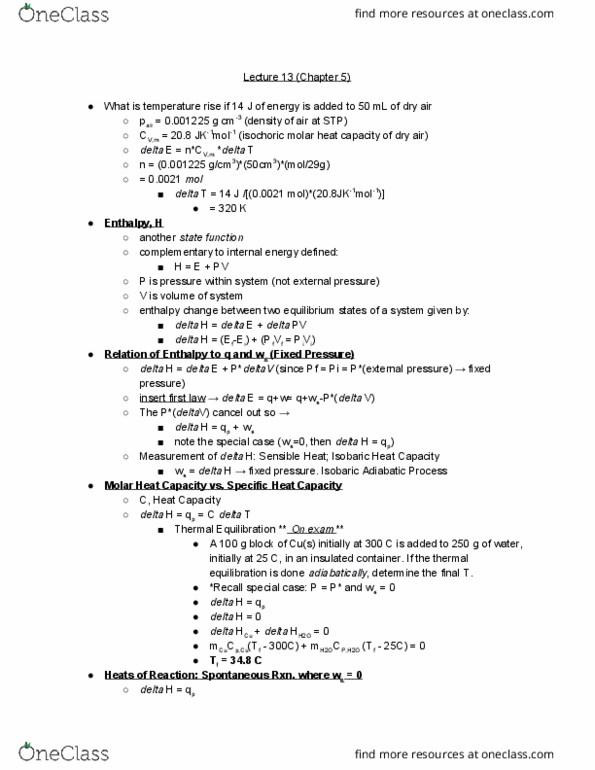 CHM 114 Lecture Notes - Lecture 13: Elta, Isochoric Process, Enthalpy thumbnail