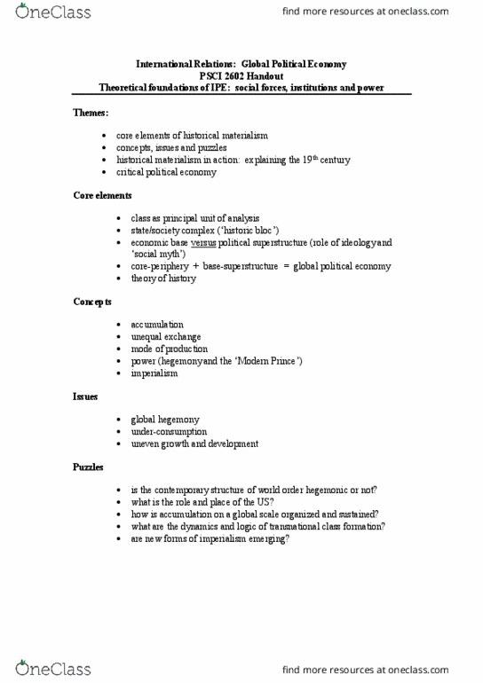 PSCI 2602 Lecture Notes - Lecture 9: Pax Britannica, International Political Economy, Unequal Exchange thumbnail