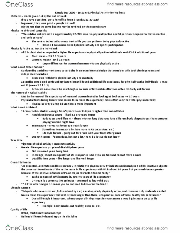 Kinesiology 2000A/B Lecture Notes - Lecture 6: Cohort Study, Relative Risk, Confounding thumbnail