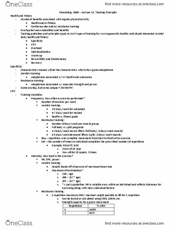 Kinesiology 2000A/B Lecture Notes - Lecture 11: One-Repetition Maximum, Goal Setting, Overtraining thumbnail