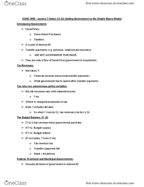 ECON 1P92 Lecture Notes - Lecture 7: Unemployment Benefits, Ceteris Paribus, Glossary Of Partner Dance Terms thumbnail