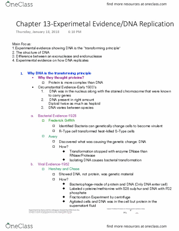 BIOSC 0160 Chapter Notes - Chapter Chapter 13: Maurice Wilkins, Frederick Griffith, Deoxyribonuclease thumbnail