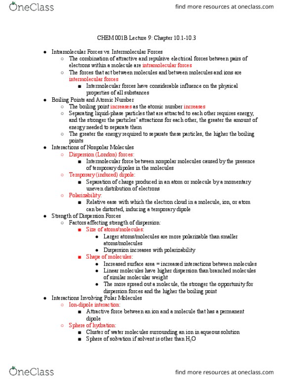 CHEM 001B Lecture Notes - Lecture 9: Intermolecular Force, Chemical Polarity, Boiling Point thumbnail