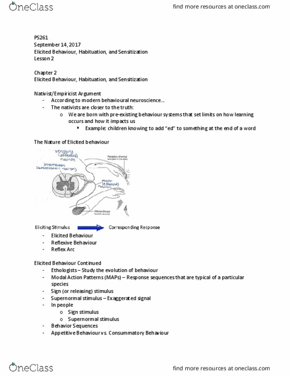 PS261 Lecture Notes - Lecture 2: Reflex Arc, Habituation, Behavioral Neuroscience thumbnail