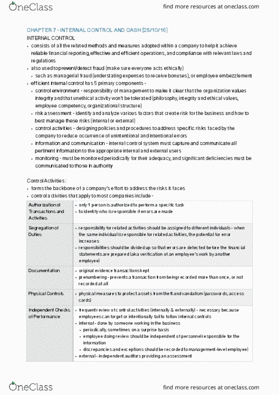 MGCR 211 Lecture Notes - Lecture 14: Cash Cash, Internal Control, Bank Statement thumbnail