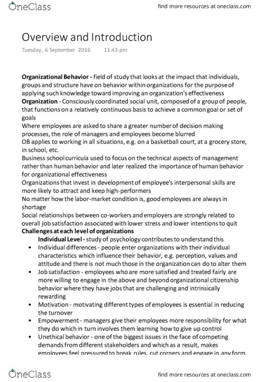 MGCR 222 Lecture Notes - Lecture 1: Organizational Citizenship Behavior, Job Satisfaction, Business School thumbnail