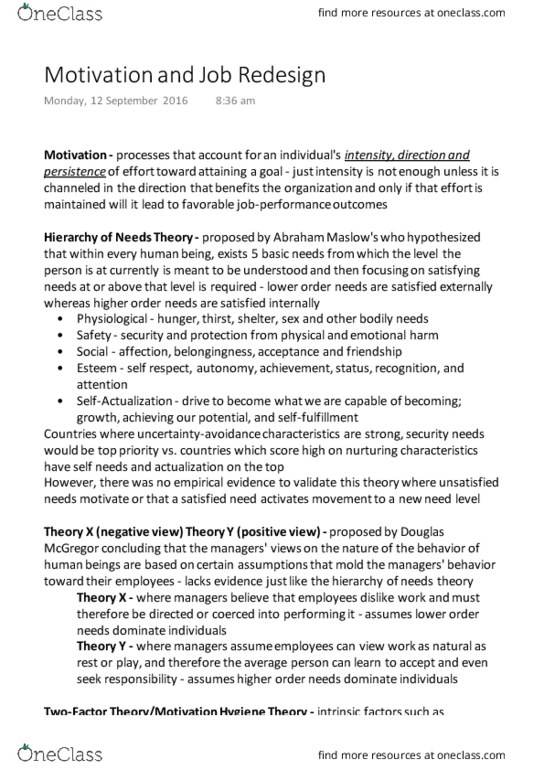 MGCR 222 Lecture Notes - Lecture 2: Motivation, Job Satisfaction, Theory X And Theory Y thumbnail