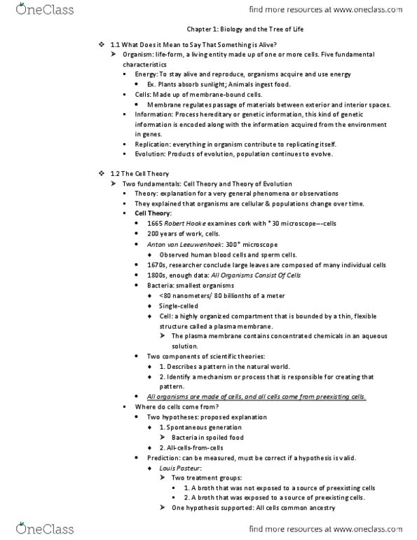 BIOLOGY 151 Chapter Notes - Chapter 1: Louis Pasteur, Speciation, Cell Theory thumbnail