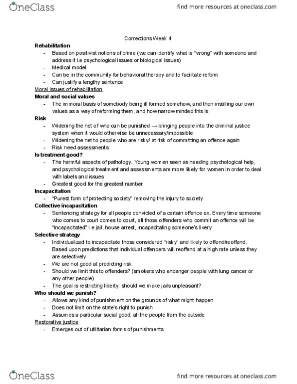 CRM 306 Lecture Notes - Lecture 4: Restorative Justice, Medical Model, Endangerment thumbnail