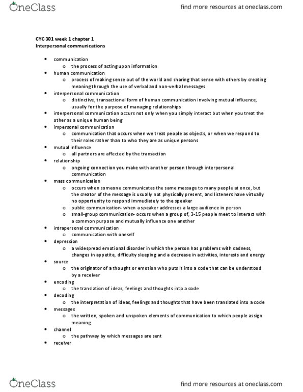 CYC 301 Lecture Notes - Lecture 1: Interpersonal Communication, Intrapersonal Communication, Nonverbal Communication thumbnail