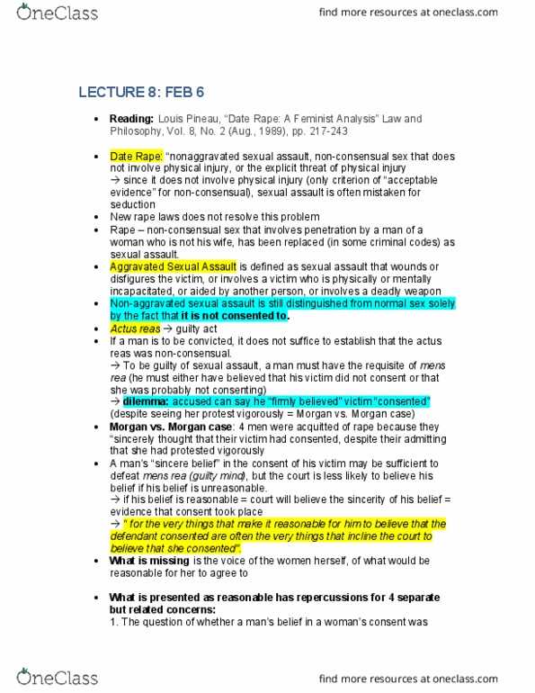 PHIL 259 Lecture Notes - Lecture 8: Aggravated Sexual Assault, Assault, Sexual Assault thumbnail