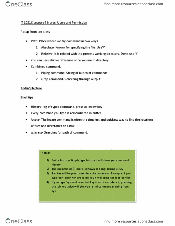 IT 1081C Lecture Notes - Lecture 4: Tab Key, Command History, Working Directory thumbnail
