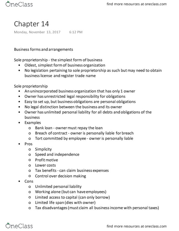 MCS 3040 Lecture Notes - Lecture 14: Limited Liability Partnership, Sole Proprietorship, Limited Partnership thumbnail