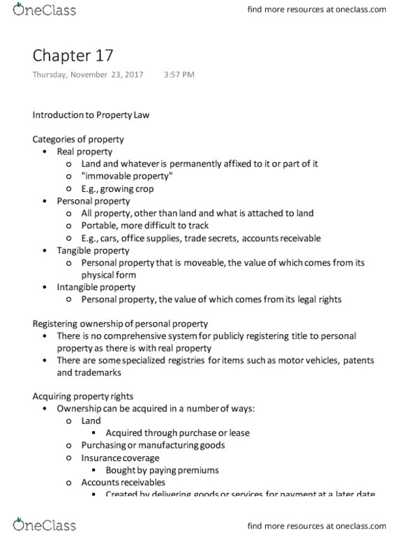 MCS 3040 Lecture Notes - Lecture 17: Personal Property, Intangible Property, Tangible Property thumbnail