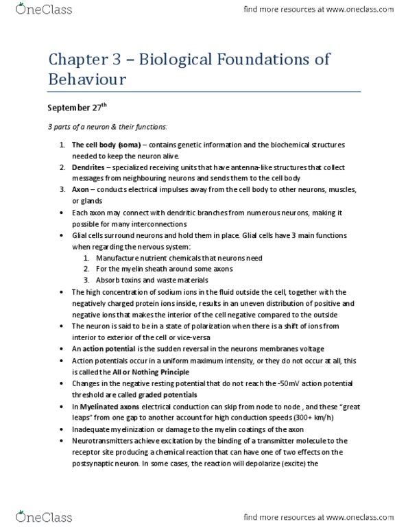 Psychology 1000 Chapter 3: Sept 27th - Chapter 3 Biological Foundations of Behaviour textbook notes.docx thumbnail