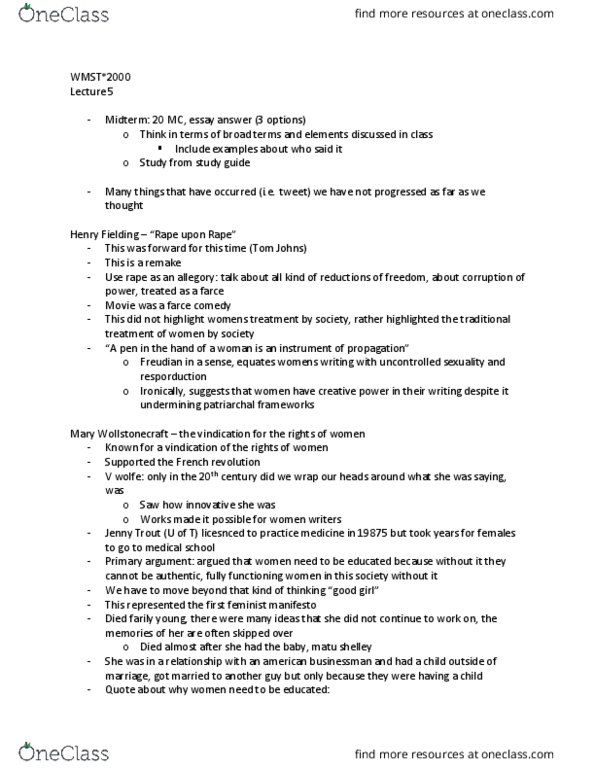 WMST 2000 Lecture Notes - Lecture 5: Mary Astell, Mary Wollstonecraft, Henry Fielding thumbnail