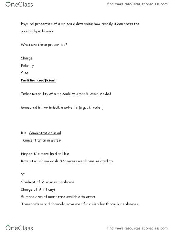 BIOL 2P03 Lecture Notes - Lecture 4: Lipid Bilayer, Partition Coefficient, Atp Hydrolysis thumbnail