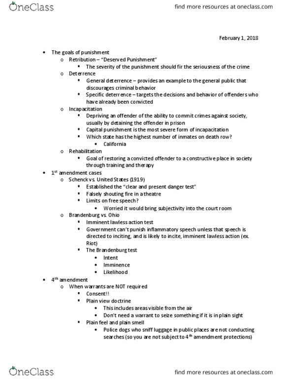 CJ 100 Lecture Notes - Lecture 4: Imminent Lawless Action, Plain View Doctrine, Exclusionary Rule thumbnail