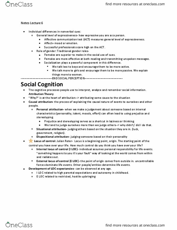 PSYC 2606 Lecture Notes - Lecture 6: Dispositional Attribution thumbnail