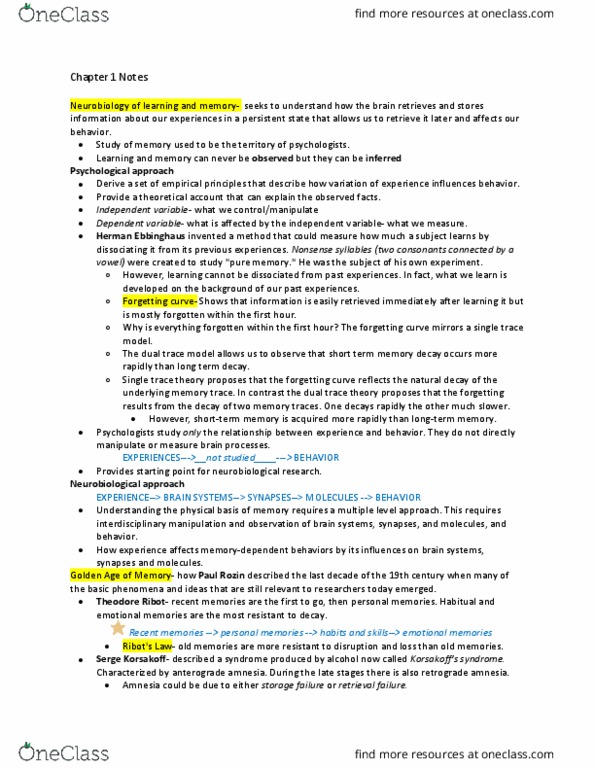 NRSC 4032 Chapter Notes - Chapter 1: Anterograde Amnesia, Retrograde Amnesia, Camillo Golgi thumbnail