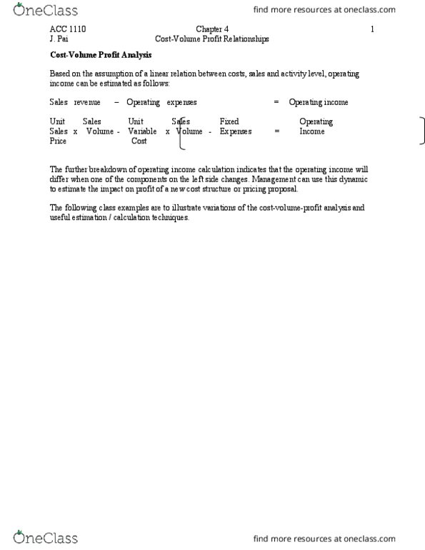 ACC 1110 Lecture Notes - Lecture 4: Western Fair, Contribution Margin, Earnings Before Interest And Taxes thumbnail