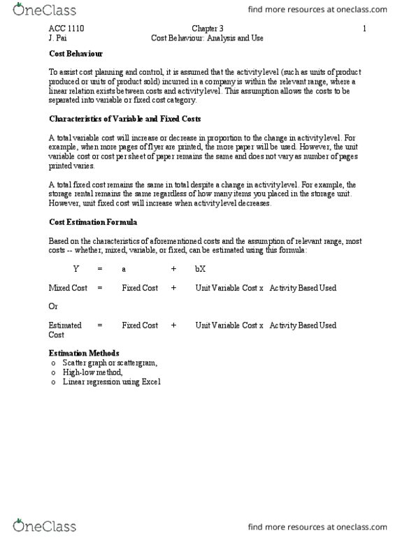 ACC 1110 Lecture Notes - Lecture 3: Scatter Plot, Linear Regression, Fixed Cost thumbnail