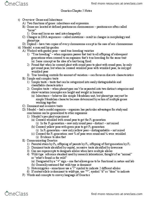 BIOL 264 Chapter Notes - Chapter 5: Punnett Square, Wild Type, Allele thumbnail