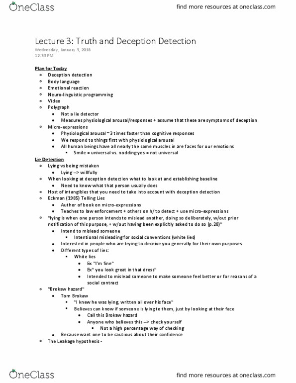 PSY328H5 Lecture Notes - Lecture 3: Neuro-Linguistic Programming, Microexpression, Telling Lies thumbnail