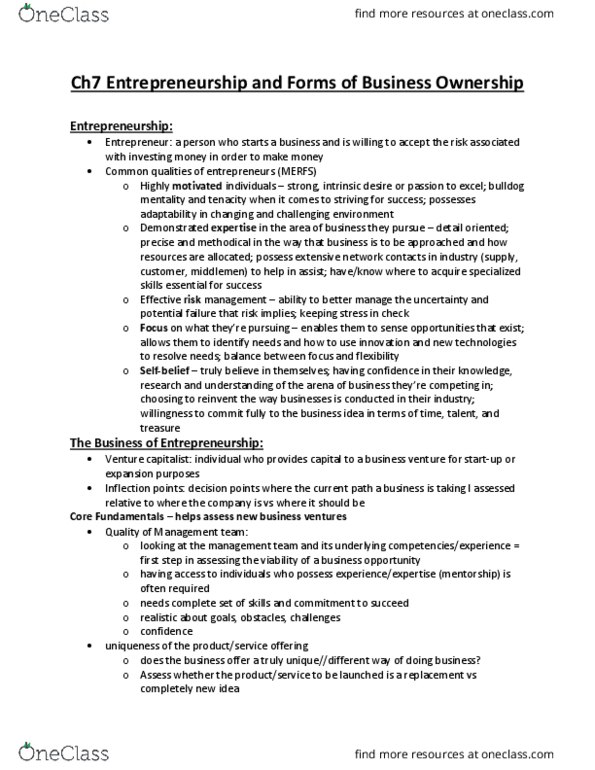 COMM 103 Lecture Notes - Lecture 7: Decision Points, Cash Flow, Sole Proprietorship thumbnail