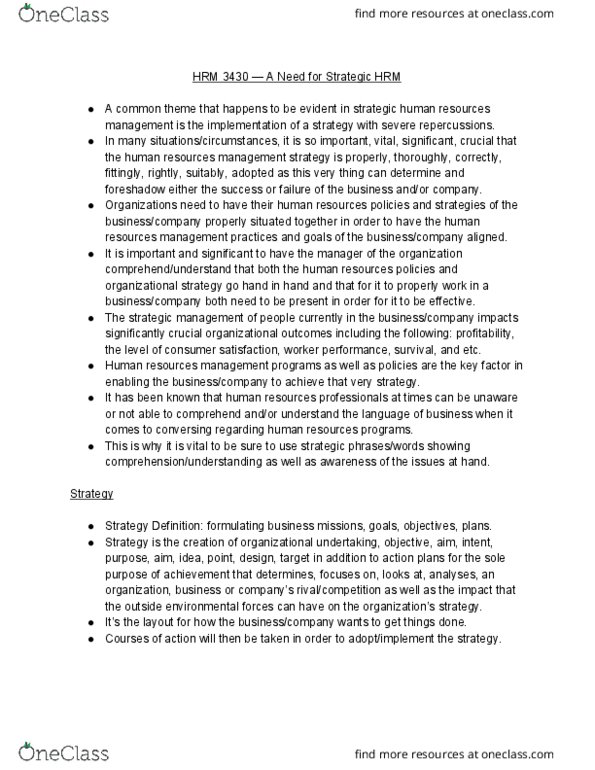 HRM 3430 Chapter Notes - Chapter 1: Human Resource Management, Strategic Management thumbnail